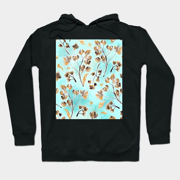 Hand-painted watercolor loose floral chintz in gold, blue, brown and turquoise as a seamless surface pattern design Hoodie by nobelbunt